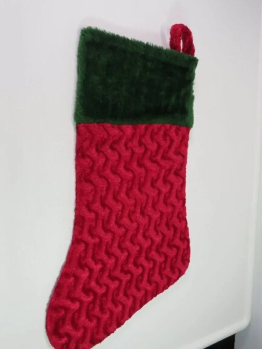 Vintage Plush Chevron Ripple Textured Christmas Stocking Red & Green cottagecore